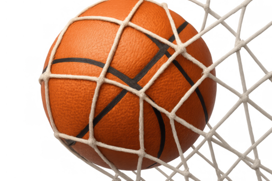 Basketball passing through a white net, creating a goal. Representing success, achievement, and winning in sports, isolated