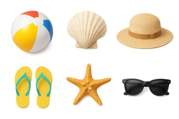 Beach items including colorful ball, seashell, straw hat, flip-flops, starfish, and sunglasses for summer relaxation