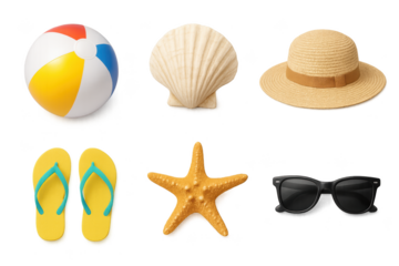 Beach items including colorful ball, seashell, straw hat, flip-flops, starfish, and sunglasses for summer relaxation
