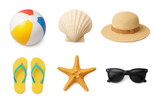 Beach items including colorful ball, seashell, straw hat, flip-flops, starfish, and sunglasses for summer relaxation