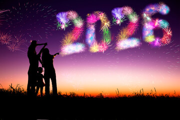 happy new year 2026 concepts. family watching fireworks on hill