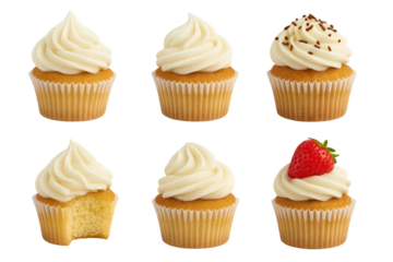 Six vanilla cupcakes with swirled frosting one topped with strawberry, one with sprinkles, and one bitten