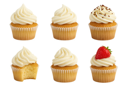 Six vanilla cupcakes with swirled frosting one topped with strawberry, one with sprinkles, and one bitten