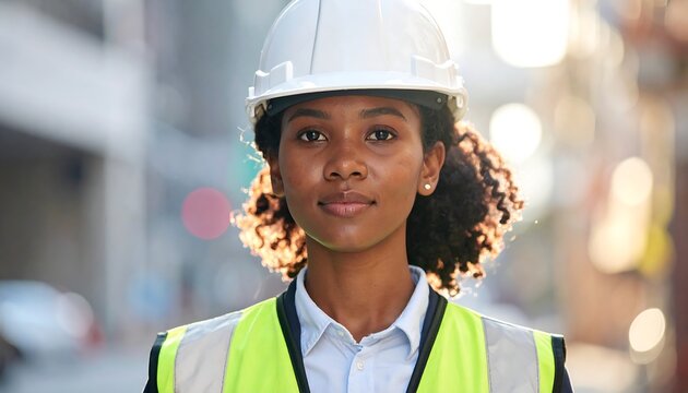 Woman construction worker in a hard hat and safety vest, urban setting