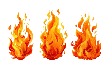 Three stylized cartoon flames, ranging from small to large, on a black background