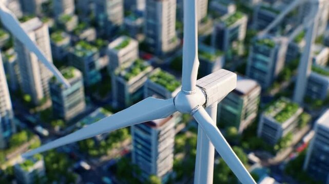 Sustainable City: A Wind Turbine Dominates the Horizon, powering a bustling cityscape with renewable energy.