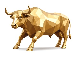 Geometric golden bull statue on a white background, strong, powerful, shiny