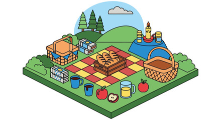 Family picnic with bread, apples, drinks on a summer day outdoors