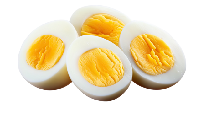 Sliced boiled eggs with yellow yolk and white protein texture showing healthy breakfast food and nutrition detail isolated on white background