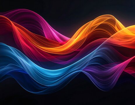A vibrant abstract composition features flowing, layered ribbons of color, creating a dynamic and visually appealing wave pattern against a dark background