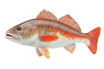 A side profile of a redfish isolated against a black background, showcasing its vibrant scales