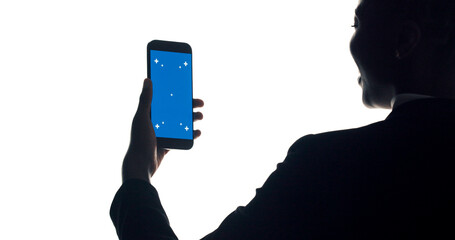 Woman, hands and back view with phone green screen for advertising on a white studio background. Marketing, female person or user with mobile smartphone display for new app, UI or UX on mockup space