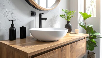 Modern Bathroom Interior with Stylish Sink and Wooden Vanity.