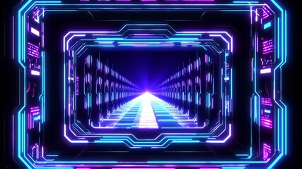 Neon-lit, futuristic tunnel with glowing circuit board-style patterns - Powered by Adobe
