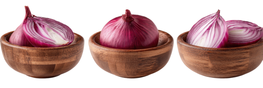 Three halved red onions, varying cuts, in wooden bowls, on a black background