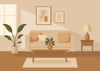 A living room decorated in a beige minimalist style with a sofa and pictures on the wall.