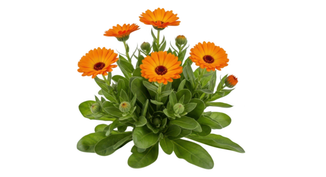 Vibrant orange calendula flowers with lush green leaves isolated on transparent background - Powered by Adobe