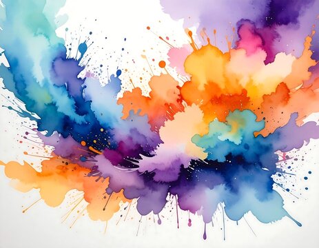 A vibrant abstract composition features watercolor-like paint splatters in a dynamic explosion of colors against a white background