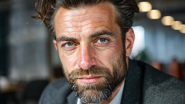 Focused Gaze of a Bearded Man: A close-up portrait showcases a man with a focused expression, highlighted by his distinct beard and intense stare, capturing the essence of maturity and confidence.