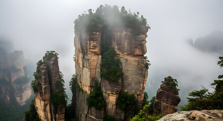 Striking Misty Stone Pillar Forest Landscape in Zhangjiajie National Park
