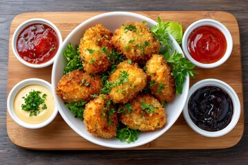 Fototapeta premium Fried breaded chicken nuggets with assorted dipping sauces
