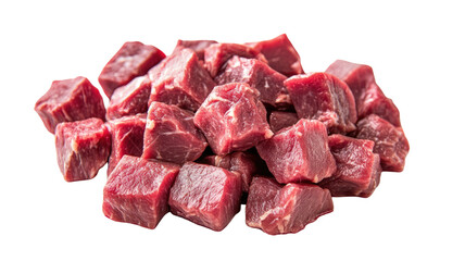 Raw chopped lamb fillet with fresh red meat pieces prepared for cooking and gourmet meal ingredients isolated on white background