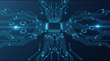 Abstract glowing blue circuit board with central processor unit - Powered by Adobe