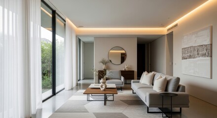Modern Minimalist Living Room with Neutral Colors and Large Windows