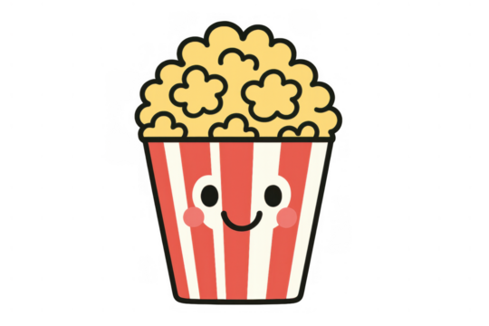 Popcorn bucket character smiling, enjoying a favorite movie snack for entertainment and relaxation with transparent background
