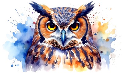 Watercolor depiction of a detailed owl with expressive eyes and colored splashes