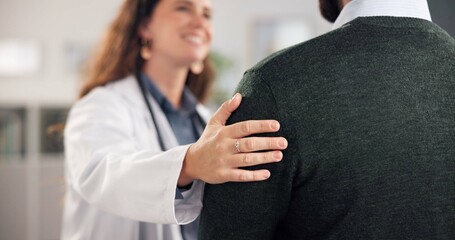 Hand, doctor and man with comfort, consultation and healing with recovery, support and advice....