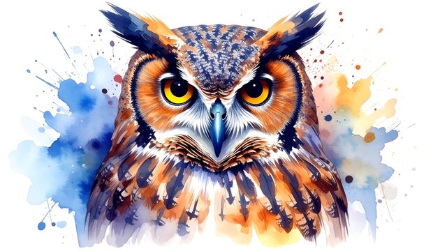 Watercolor depiction of a detailed owl with expressive eyes and colored splashes
