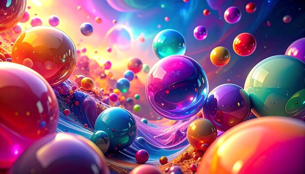 A vibrant composition featuring numerous glossy, colorful spheres floating within a fantastical, swirling landscape of light and color - Powered by Adobe