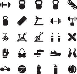Fitness Gym Silhouette Vector Bundle | Workout Equipment Icons | Dumbbell, Kettlebell, Yoga Mat, Barbell Vector Illustration