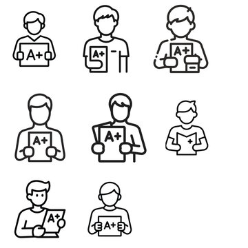 Student holding A plus grade paper icons set person
