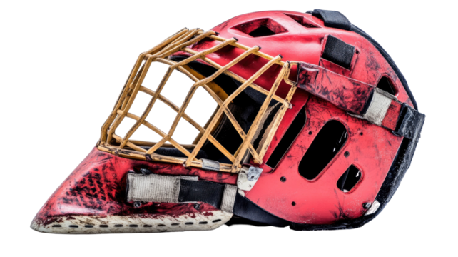 Protective ice hockey goalie helmet with metal cage and ventilation design used for sports safety equipment protection isolated on white background