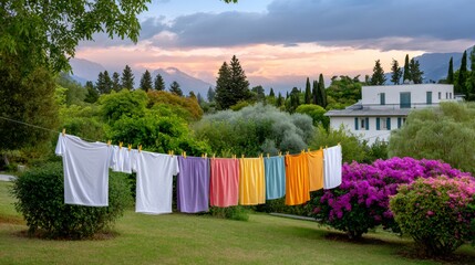 Laundry drying on clothesline in garden against mountains sunset