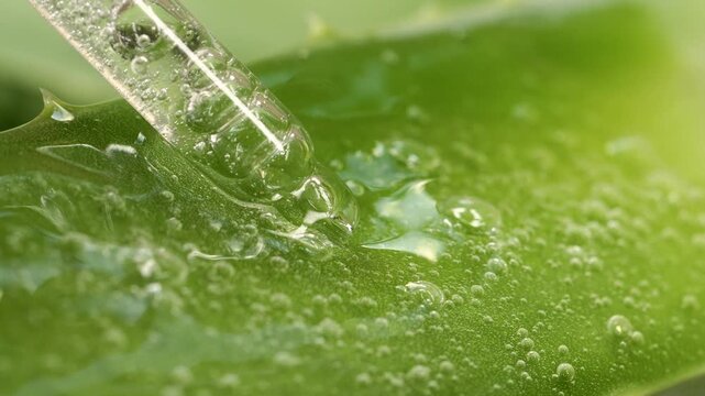 Close-up cosmetic serum gel, oil with bubbles from dropper, pipette on aloe leaf - Powered by Adobe