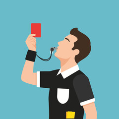 Referee blows whistle holding red card against blue background.