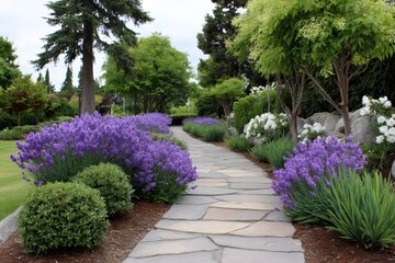 Obraz premium Scenic stone path winding through lavender garden