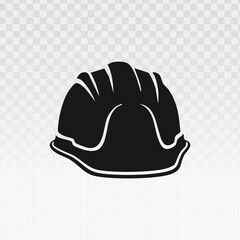 Monochrome vector icon of a hard hat or safety helmet. Graphic symbol representing construction, engineering, industrial safety, labor, and worker protection. Clean, flat design style illustration.