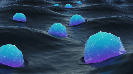 Digital ocean waves with glowing geometric shapes represent futuristic network of 5G and IoT technology. scene evokes sense of innovation