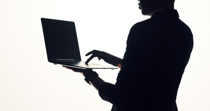 Hands, laptop and business person in studio for brainstorming, online proposal and reflection. Typing, mockup and woman on tech with ideas, solution or planning for project on white background