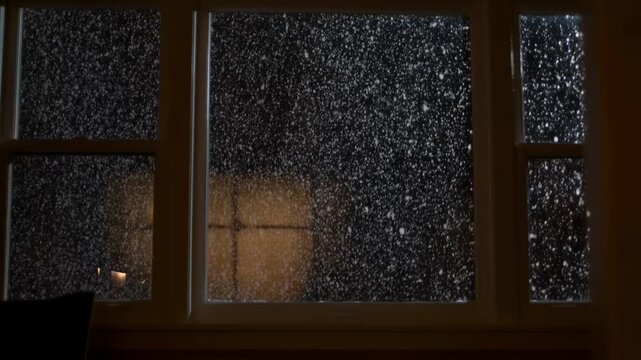 View through a window of heavy falling snow from a dark cozy room with warm indoor light reflection, seamless loop, concept of peaceful hypnotic winter isolation