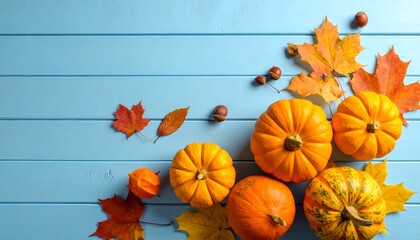 Autumnal Still Life - Pumpkins and Maple Leaves on Blue Wood.