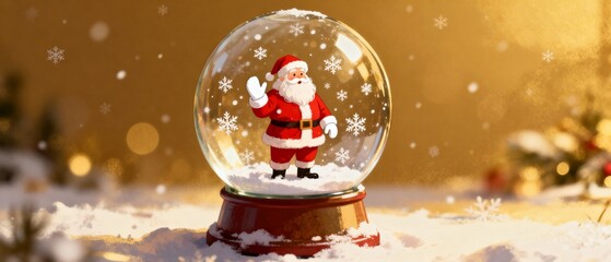 Santa Claus figurine inside snow globe with festive snowflakes