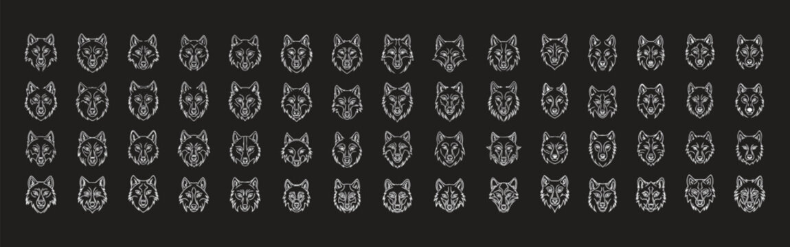 Large seamless pattern of detailed animal head icons including wolves, dogs, and bears in a monochrome mechanical line art style. Ideal for esports mascots, tech themes, branding, apparel, and modern 