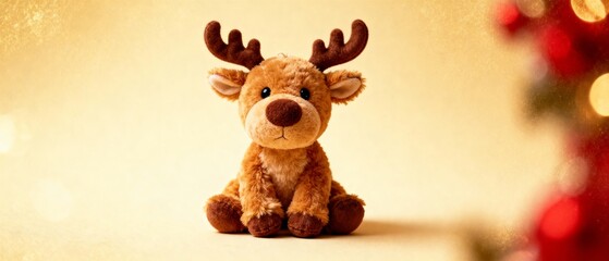 Plush reindeer toy sitting with festive background in warm colors  