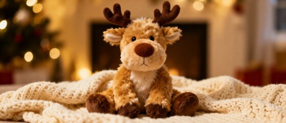 Plush reindeer toy sitting on knitted blanket in cozy holiday setting  