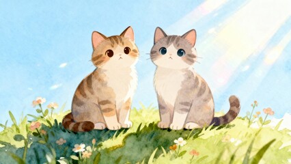 Two cute kittens sitting on grass under sunlight with flowers